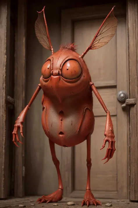 monsters00d, claws and fangs, insect, realistic, cinematic, highly detailed, standing in the doorway, red skin, thin body, pointy head,
<lora:monsters00d:0.8>