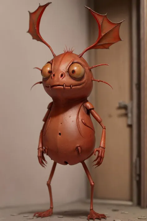 monsters00d, claws and fangs, insect, realistic, cinematic, highly detailed, standing in the doorway, red skin, thin body, pointy head,
<lora:monsters00d:0.8>