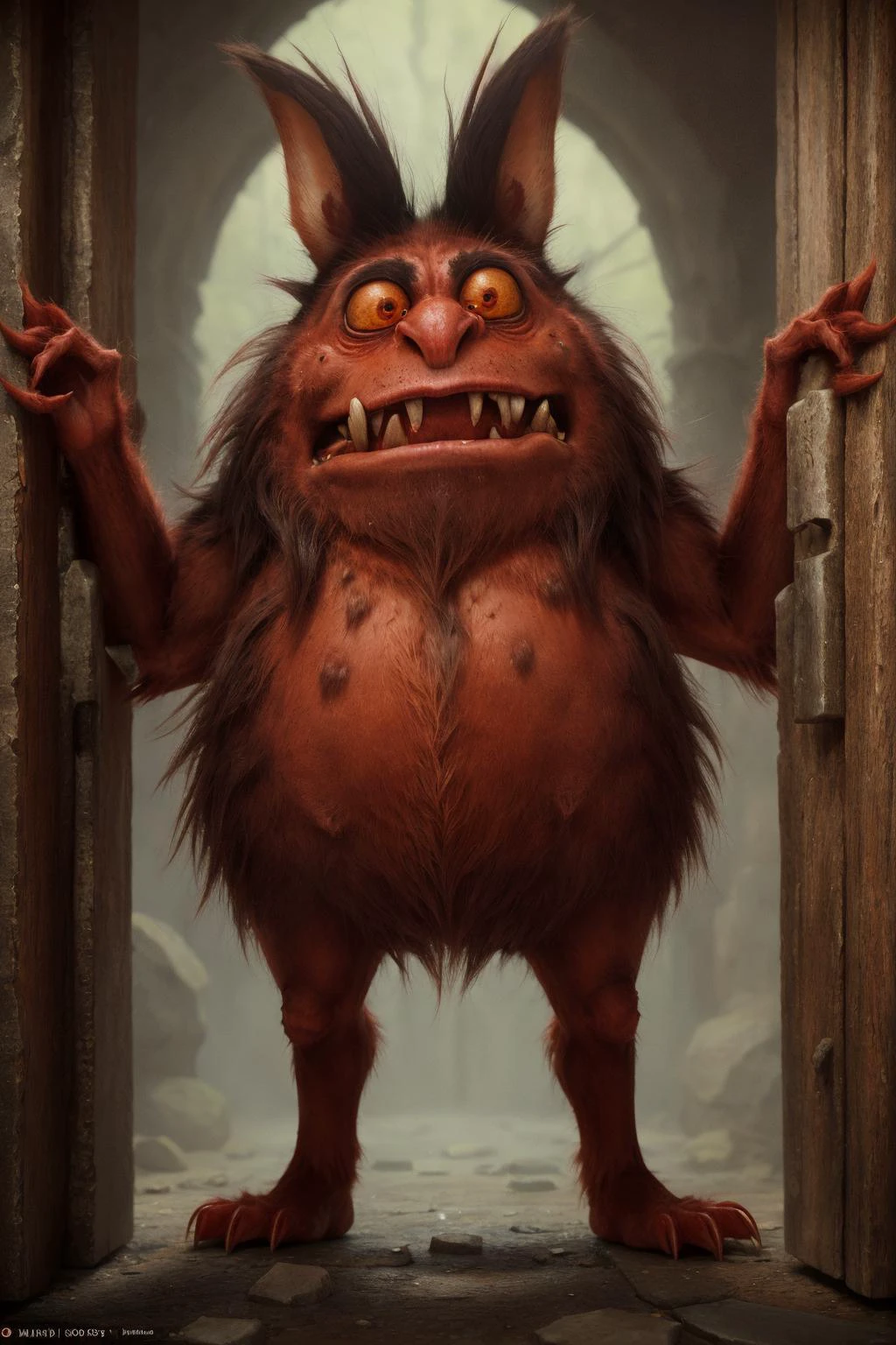 monsters00d, claws and fangs, very hairy, realistic, cinematic, highly detailed, standing in the doorway, red skin, thin body, pointy head,
<lora:monsters00d:0.8>