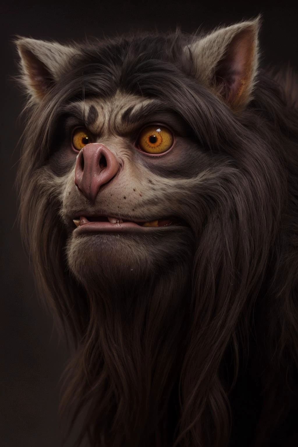 monsters00d, portrait, face, close-up, fangs, hairy, long hair, realistic, cinematic, highly detailed, dark background, shallow depth of field, bokeh, colorful eyes,
<lora:monsters00d:0.8>
