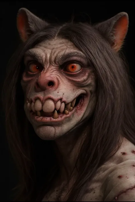 monsters00d, portrait, face, close-up, human, werewolf, hairy, long hair, realistic, cinematic, highly detailed, dark background, shallow depth of field, bokeh, red eyes, pale skin, scary, (horror-theme), gory,, bloody, fangs, sharp teeth, salvia,
<lora:monsters00d:0.8>