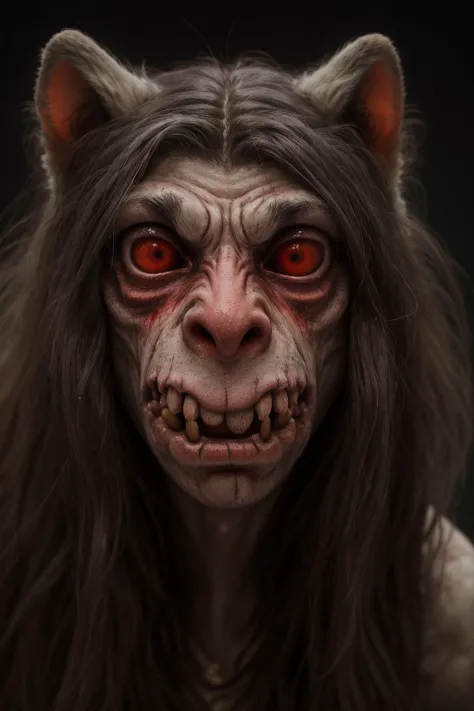 monsters00d, portrait, face, close-up, human, werewolf, hairy, long hair, realistic, cinematic, highly detailed, dark background, shallow depth of field, bokeh, red eyes, pale skin, scary, (horror-theme), gory,, bloody, fangs, sharp teeth, salvia,
<lora:monsters00d:0.8>