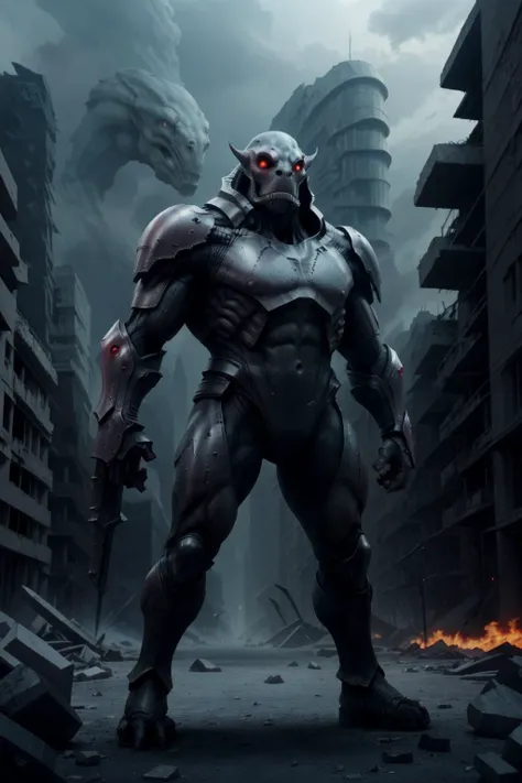 a muscular monsters00d in heavy armor standing in a destroyed city, black-armor, shiny-armor, at-a-distance, red eyes, pale skin, scary, (fantasy-theme),
<lora:monsters00d:0.8> <lora:FemAlien:0.8> alien