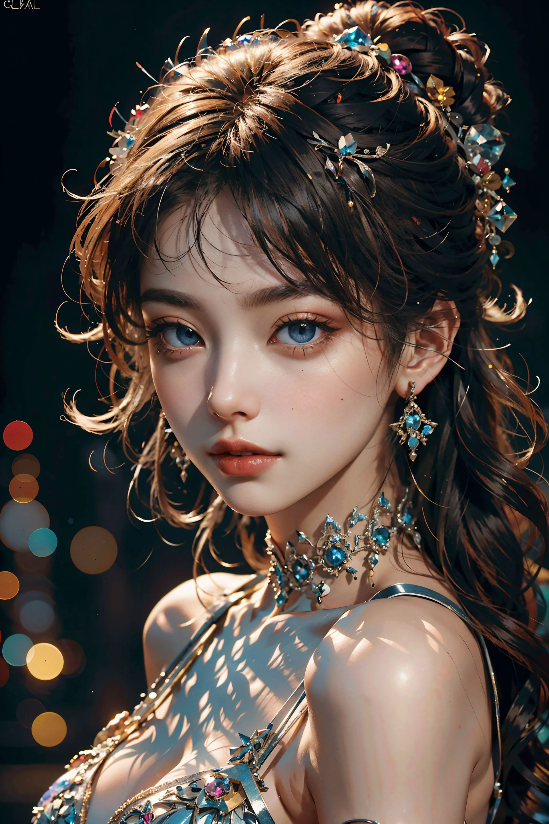 <(best quality, extremery best quality, masterpiece:1.5), (realistic, intricate details:1.2), (photorealistic:1.4), (extremely intricate:1.2), highres, ultra highres, ultra-detailed, absurdres, incredibly absurdres, extremely detailed, high quality, high resolution, hyperrealistic, ultra-realistic, hyper-detailed, top quality, best, fine detail, massive detail, Highly detailed, extreme detailed, highest detailed, high-res, absolutely resolution, reflection, (refraction:1.4)>, BREAK, 1girl, solo, looking at viewer, flat bangs, (young cute beautiful 18-year-old girl:1.1), 3d face, beautiful girl, Beautiful face, pretty, girlface, kpop idol, supermodel, stunning innocent symmetry face, (hand of Guido Daniele), perfect body, medium breast, slim waist, slim legs, (high detailed skin:1.2), glowing eyes, goddess, natural skin texture, shiny skin, White skin, Beautiful detailed face, detailed face, real skin texture, cute delicate face, finely detailed face, golden ratio, golden ratio face, expressive eyes, perfect face, perfect skin, flawless face, clear face, shiny hair, pale skin, Proper body proportion, perfect anatomy, realistic skin texture, luscious lips, glossy lips, natural makeup, beautiful bright pupils, slender figure, intricate eyes, detailed pupils, detailed face and eyes, longeyelashes, blush, good hand, perfect hands, pretty face, beautiful female bodies, finely detailed skin, oily shiny skin, BREAK, (((((gems, A forbidden castle high up in the mountains, pixel art, game art, key visual, surreal)))), BREAK, <blurry foreground, broad light, volumetric light effect, matte painting, perfectly defined features, volumetric lighting, Tone Mapping, Lumen Reflections, Global illumination, Ray Tracing, Screen Space Global Illumination, Accent Lighting, 32k, Natural Lighting, volumetric, cinematic masterpiece, Rule of thirds, high dynamic range, Multi-exposure HDR capture, cinematic render, game cg cinematic, atmospheric perspective, movie scene, epic dynamic frame, motion blur, ((cinematic look, Film look)), rim light, 4k textures, adobe lightroom, photolab, insane details, hyperdetailed, exposure blend, professional color grading, professional color correction, aerial perspective, particles and dust in beams of light, cinematic scene, dynamic lighting, sharp details, lomography, soft focus, light leaks, bold hues, atmospheric depth, (explosive light and shadow:1.2), aesthetics, intricate designs, ultra realistic digital art, (zentangle, mandala, tangle, entangle), (fractal art), elegant, vivid colours, floating particles, particles, dramatic, epic, (ink drawing, oil painting detailed), (dramatic lighting:1.2), (eye focus, face focus, character focus, close-up face:1.3), (dutch angle, cowboy shot:1.1), RAW, huge filesize, extremery detailed CG, Photo, 8k uhd, cinematic atmosphere, trending on artstation, award-winning glamour photograph, highly detailed photo, official art, beautiful and aesthetic, unity 8k wallpaper, beautiful, highly detailed CG illustration, best illustration, intricate, Amazing, emotional, analog, painting, digital painting, concept art, Oil Painting, illustration, Classical art, Renaissance, Romanticism, Neoclassicism, Color Palette, depth and contrast, Vibrant colors, saturated, rich saturation, color harmony, vivid palette, concept-art, design style, detail character, concept render, colorful, analog photography, dreamy atmosphere, specular highlights, atmospheric lighting, (dynamic angle, dynamic pose :1.3), (shiny, clothes reflecting light, lens flare, bloom effect, light particle, lens glare:1.3), realistic lighting, cinematic light, (cinematic lighting), light in the face, soft lighting, saturated colors, detailed background, sharp focus, 8k high definition, perspective, Master Composition, roughness, post-processing, soft shadows, realistic shadows, ambient occlusion, ray-tracing, subsurface scattering, photon mapping, physically-based rendering, octane rendering, unreal engine 5, ue5 rendering, Adobe After FX, dslr, RTX, Best character details, radiosity, sharp, antialiased, RAW photo, HDR, 8k, 4k, (((Photographed by Roger Deakins, using a RED Monstro 8K VV camera and a series of high-end lenses))), ((Hasselblad photography)), (film grain:1.4), Kodak portra 400, ((Fujifilm X-T5)), professional photograph, depth of field, caustics, Broad lighting, diffuse lighting, rim lighting, two tone lighting, textile details, visible pores, high resolution scan, professionally color graded, photographic reality, automatic white balance, best lighting, detailed shadow, high contrast, strong light and shadow>, (PureErosFace_V1:0.5), (ulzzang-6500:0.5), <lora:epiNoiseoffset_v3:0.1>, (kbxll:0.6), <lora:Gem-Studded-V1:0.7>, <lora:Yan2:0.2>