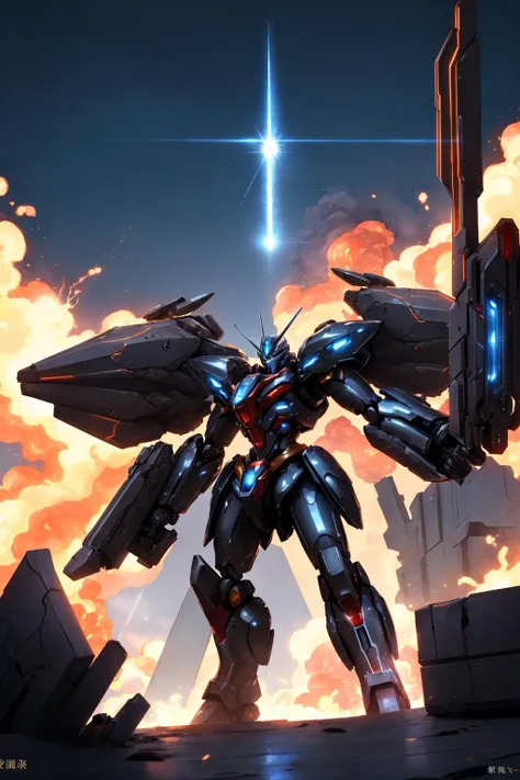 gems, <lora:Gem-Studded-V1:1>, masterpiece, best quality, mecha, no humans, black armor, blue eyes, science fiction, fire, laser canon beam, war, conflict, destroyed city background