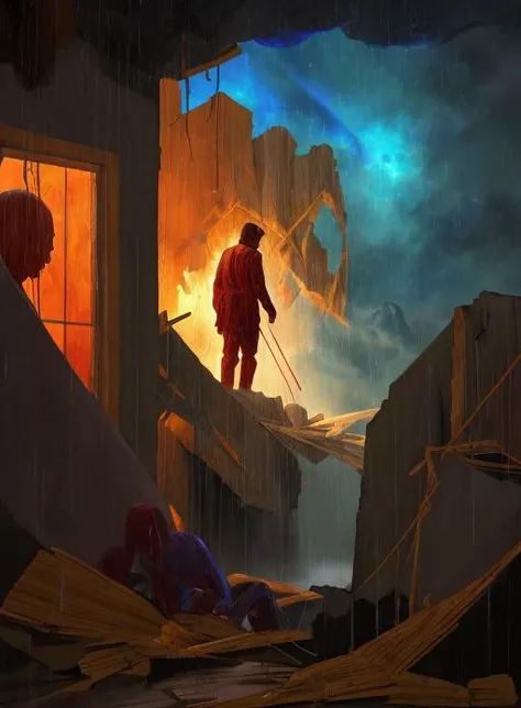 ethereal fantasy concept art of figurative abstraction two men inside the house, man shouting in the hallway, roof collapsed, sky visible, rain pouring into the house, a man trapped under the rubble, dead body lying on the floor <lora:soyut:1>, blood . magnificent, celestial, ethereal, painterly, epic, majestic, magical, fantasy art, cover art, dreamy