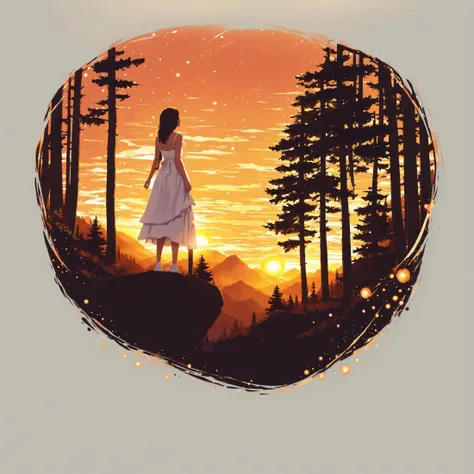 masterpiece, best best quality, Art, Circle, 1 girl in summer white dress standing on a slope and looking at the sunset over the forest body half unfolded, Wide Shot, <lora:CircleArt_Sora:0.9>