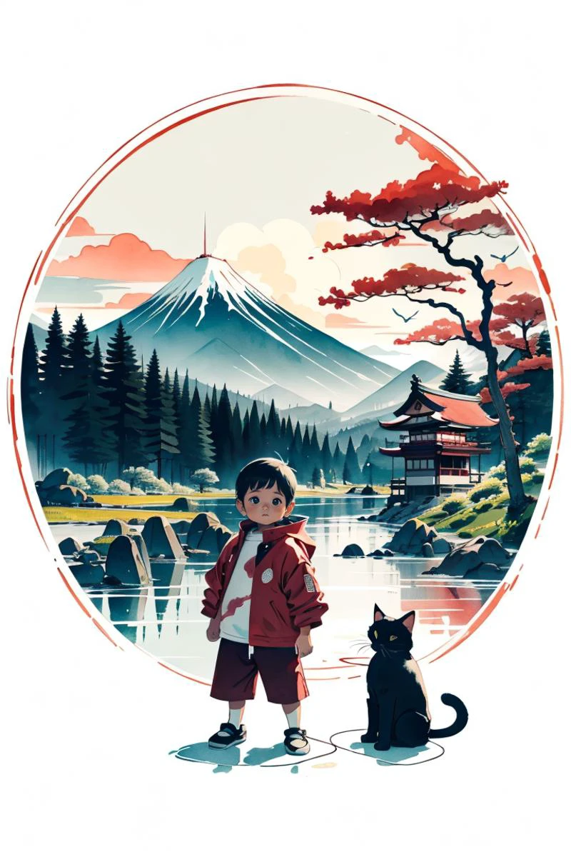 photo of a ((1 year oort hair, masterpiece, standing, outdoor, rural japan, snow, Light Red jacket, with his cat on his shoulder, <lora:Colorwater_v4:0.65> watercolor \(medium\), <lora:CHAR-Fayyaz:1> fayyaz <lora:EF-CircleArt_Sora_SD15:0.5> Circle <lora:EF-Ink scenery:0.5> WHITE BACKGROUND, SCENERY, INK, MOUNTAINS, WATER, TREES<lora:EF-GoodHands-beta2:0.5><lora:EF-GoodHands-beta2:0.5>