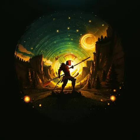 masterpiece, best best quality, Art, Circle, 1 warrior, holding weapon, Wide Shot, night landscape, <lora:CircleArt_Sora:0.9>