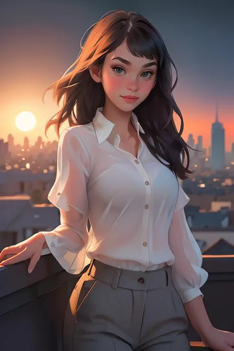 Merger_anna_carems,
(cityscape:1.2) scene posing on the (rooftops:1.2) at (sunset:1.2) wearing clothes, wearing trousers and a top, (plain top:1.2), (top:1.2), (trousers:1.2), (cityscape:1.2), (night time sunset sky:1.3), (dark:1.1), (evening:1.2), vibrant sky colours,
bokeh, f1.4, 40mm, photorealistic, raw, 8k, textured skin, skin pores, intricate details <lora:epi_noiseoffset2:1>, epiCRealism <lora:ClothingAdjuster3:-0.8>