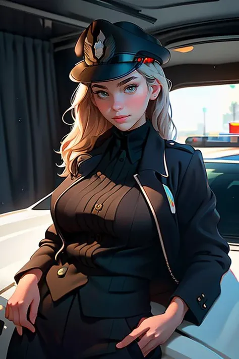 Merger_anna_carems,
posing by a (police car:1.2) (dressed:1.1) in a (police uniform:1.2), (police officer:1.3), police uniform, (police car:1.1), cuffs, (police:1.2), (uniform:1.3), police hat, hair tied back, tied back hair, trousers, top, jacket,
bokeh, f1.4, 40mm, photorealistic, raw, 8k, textured skin, skin pores, intricate details <lora:epi_noiseoffset2:1>, epiCRealism