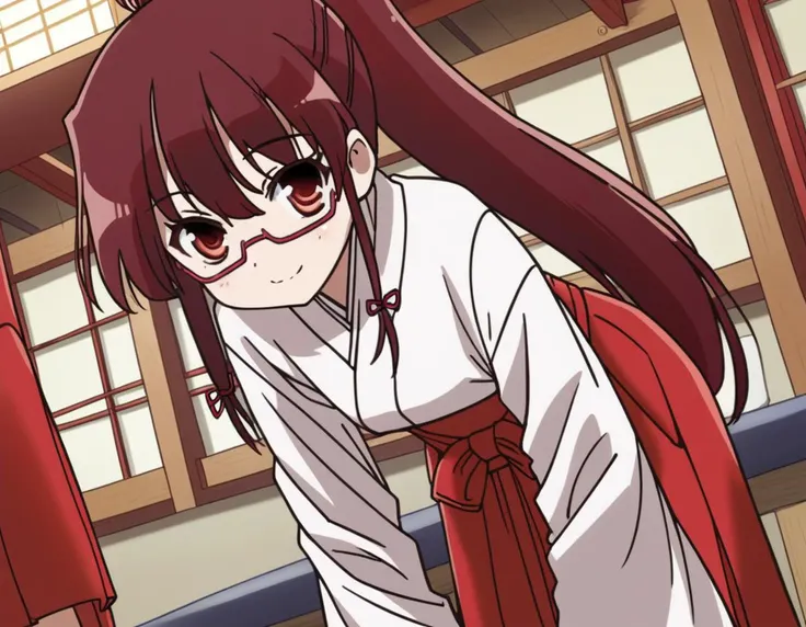score_9, score_8_up, score_7_up, source_anime,
tomoekarijuku, <lora:tomoe-karijuku-s2-ponyxl-lora-nochekaiser:1>,
tomoe karijuku, long hair, red eyes, ponytail, red hair, glasses, semi-rimless eyewear, red-framed eyewear, under-rim eyewear,
skirt, japanese clothes, glasses, hakama, hakama skirt, semi-rimless eyewear, red-framed eyewear, under-rim eyewear, miko, red hakama,
indoors, dojo, smile, bent over,
looking at viewer, cowboy shot, dutch angle, solo,