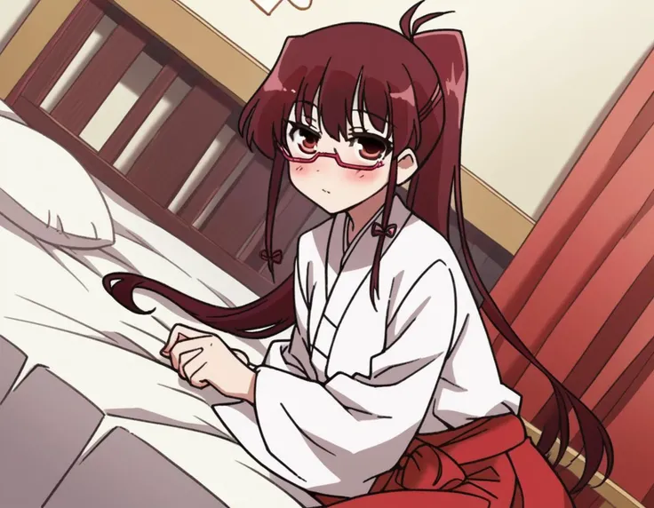 score_9, score_8_up, score_7_up, source_anime,
tomoekarijuku, <lora:tomoe-karijuku-s2-ponyxl-lora-nochekaiser:1>,
tomoe karijuku, long hair, red eyes, ponytail, red hair, glasses, semi-rimless eyewear, red-framed eyewear, under-rim eyewear,
skirt, japanese clothes, glasses, hakama, hakama skirt, semi-rimless eyewear, red-framed eyewear, under-rim eyewear, miko, red hakama,
indoors, bed, bed room, on side, blush, drunk,
looking at viewer, cowboy shot, dutch angle, solo,