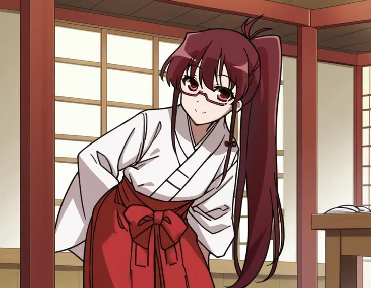 score_9, score_8_up, score_7_up, source_anime,
tomoekarijuku, <lora:tomoe-karijuku-s2-ponyxl-lora-nochekaiser:1>,
tomoe karijuku, long hair, red eyes, ponytail, red hair, glasses, semi-rimless eyewear, red-framed eyewear, under-rim eyewear,
skirt, japanese clothes, glasses, hakama, hakama skirt, semi-rimless eyewear, red-framed eyewear, under-rim eyewear, miko, red hakama,
indoors, dojo, smile, bent over,
looking at viewer, cowboy shot, dutch angle, solo,