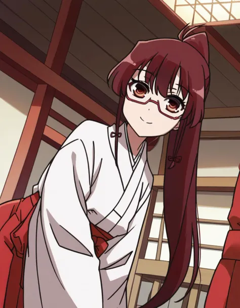 score_9, score_8_up, score_7_up, source_anime,
tomoekarijuku, <lora:tomoe-karijuku-s2-ponyxl-lora-nochekaiser:1>,
tomoe karijuku, long hair, red eyes, ponytail, red hair, glasses, semi-rimless eyewear, red-framed eyewear, under-rim eyewear,
skirt, japanese clothes, glasses, hakama, hakama skirt, semi-rimless eyewear, red-framed eyewear, under-rim eyewear, miko, red hakama,
indoors, dojo, smile, bent over,
looking at viewer, cowboy shot, dutch angle, solo,