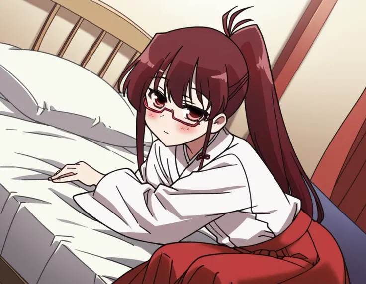 score_9, score_8_up, score_7_up, source_anime,
tomoekarijuku, <lora:tomoe-karijuku-s2-ponyxl-lora-nochekaiser:1>,
tomoe karijuku, long hair, red eyes, ponytail, red hair, glasses, semi-rimless eyewear, red-framed eyewear, under-rim eyewear,
skirt, japanese clothes, glasses, hakama, hakama skirt, semi-rimless eyewear, red-framed eyewear, under-rim eyewear, miko, red hakama,
indoors, bed, bed room, on side, blush, drunk,
looking at viewer, cowboy shot, dutch angle, solo,