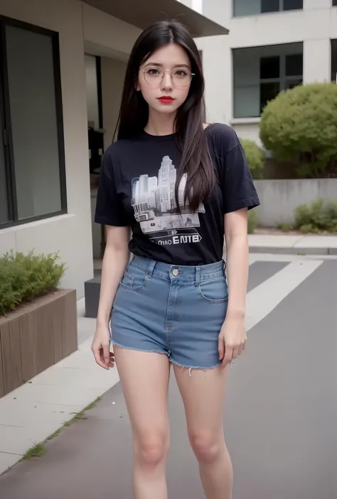 <lora:ChineseDollLikenessV2.0:0.45>,1 girl,(1 18-year-old girl),(full body),(realistic:1.7),((best quality)),absurdres,(ultra high res),(photorealistic:1.6),photorealistic,octane render,(hyperrealistic:1.2), (photorealistic face:1.2), (8k), (4k), (Masterpiece),(realistic skin texture), (illustration, cinematic lighting,wallpaper),( beautiful eyes:1.2),((((perfect face)))),(cute),(standing),(black hair),(long hair),glasses,black eyes,(printed t-shirt),(denim short),(red lips:1.1),(outdoors),(cityscape),