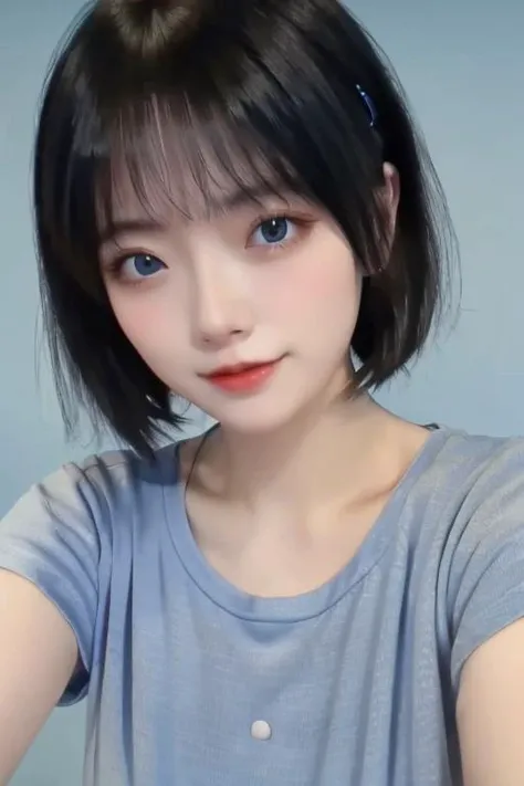 masterpiece, best quality, ((pure blue background)), black hair, floating hair, blush, looking at viewers, white T-shirt, happy, soft, ((front)),upper body, close-up,
<lora:ChineseDollLikenessV2.0:0.6>,