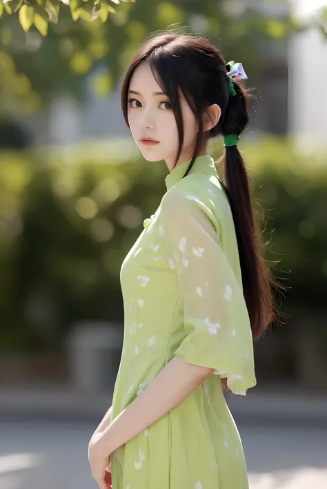 <lora:ChineseDollLikenessV3.0:0.4>,(8k, RAW photo, best quality, masterpiece:1.2), (realistic, photo-realistic:1.4), (upper body),(standing),cinematic lighting, photon mapping, radiosity, physically-based rendering, 1girl,(solo:1.3),looking at viewer, (light green printed china dress),(long hair), (black hair),(twin tails),smile, solo focus,soft lighting, dynamic angle, outdoors, <lora:ChinaDress:0.5>