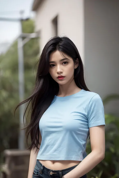<lora:ChineseDollLikenessV3.0:0.6>,(printed t-shirt:1.1),denim shorts,1 girl,upper body, (realistic:1.7),((best quality)),absurdres,(ultra high res),(photorealistic:1.6),photorealistic,octane render,(hyperrealistic:1.2), (photorealistic face:1.2), (8k), (4k), (Masterpiece),(realistic skin texture), (illustration, cinematic lighting,wallpaper),( beautiful eyes:1.2),((((perfect face)))),(cute),(smile:0.8),(standing),(black hair),(long hair),black eyes,red lips, (outdoors),