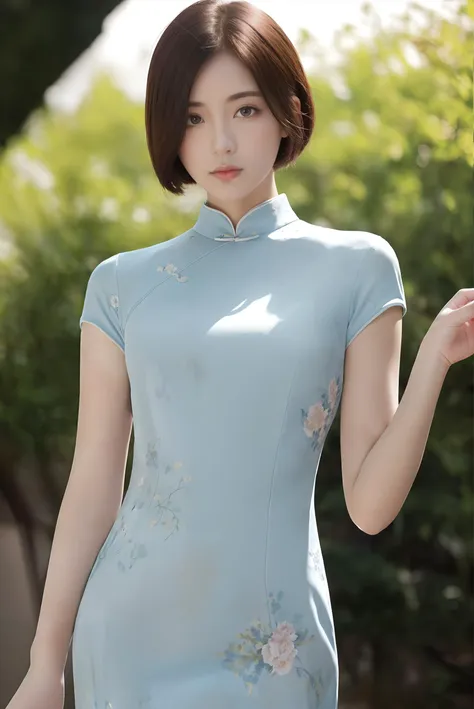 <lora:ChineseDollLikenessV3.0:0.4>,(8k, RAW photo, best quality, masterpiece:1.2), (realistic, photo-realistic:1.4), (upper body),(standing),cinematic lighting, photon mapping, radiosity, physically-based rendering, 1girl,(solo:1.3),looking at viewer, (light blue printed china dress),(short hair), smile, solo focus,soft lighting, dynamic angle, outdoors, <lora:ChinaDress:0.5>
