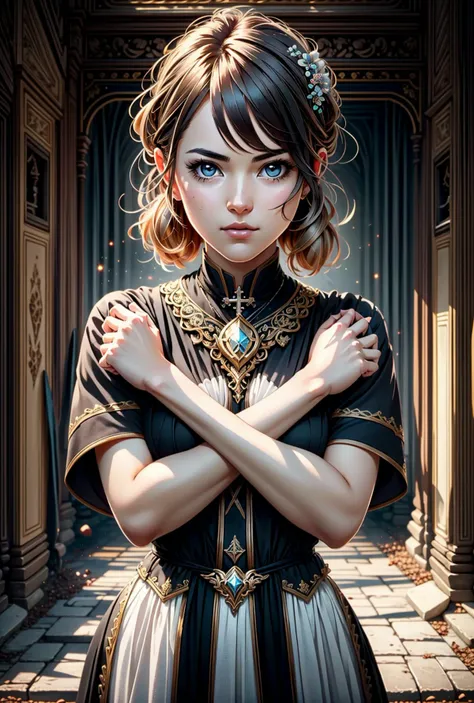 (((crossing arms in an X shape,clenched hands))),cross, <lora:СкÑеÑивание ÑÑк на гÑÑди в ÑоÑме Ð¥((((crossing arms in an X shape,clenched hands))),cross):0.6>,, 1girl in full growth, best quality, masterpiece, ultra-detailed, high quality, perfect nose, highly detailed skin, warm skin tone, defiance512, RAW photo, best quality, high resolution, (masterpiece), dreamlike, dreamy, modelshoot style, analog style, tonemapping, photorealistic, professional photography, sharp focus, HDR, 8K resolution, intricate detail, sophisticated detail, hyper detailed, (depth of field), highlight and shadow, volumetric lighting, cinematic bloom, professional light, looking at viewer, blotchy,