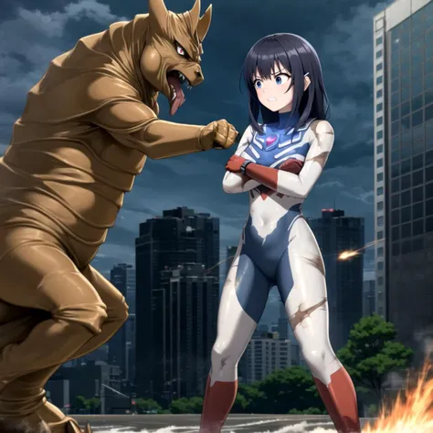 beautiful detailed 1girl, young girl, ultragirl, ultraman bodysuit, extremely detailed CG unreal engine 8k, best quality, from side, (detailed fingers, detailed hands, detailed face), all intricate, detailed ruined buildings around, outside, BREAK
dynamic pose, full body, fighting stance, (surprised, soiled, damaged :1.2), (crossing arms in a X shape :1.45), (clenched hands, cross :1.2), (looking at monster, facing to monster :1.2), long arms, clenched teeth,
Godzilla, battle with monster, attacking, slashing, grabbing, punching, looking at girl, flashing red gem on girl's chest
<lora:Ultragirl-LoRA11:1> <lora:x-Arms:0.4:lbw=0,0,0,0,0,0,1,1,1,1,0,0,0,0,0,0,0>