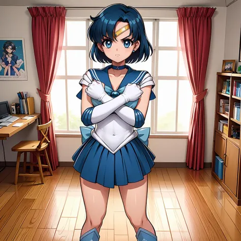 masterpiece,best quality,highly detailed,1girl,solo,serious,concentrating,v-shaped eyebrows,
<lora:mercury_v2:1>, mer1,tiara,sailor senshi uniform,blue sailor collar,bow,knee boots,choker,white gloves,blue choker,elbow gloves,jewelry,earrings,blue skirt,
BREAK
<lora:x-Arms:0.4>,(((crossing arms in an X shape,clenched hands))),cross,cross,hands on own chest,(indoors,curtains,bedroom,desk,stuffed animal,chair,bookshelf,wooden floor,poster (object),photo (object),calendar (object),desk lamp),
