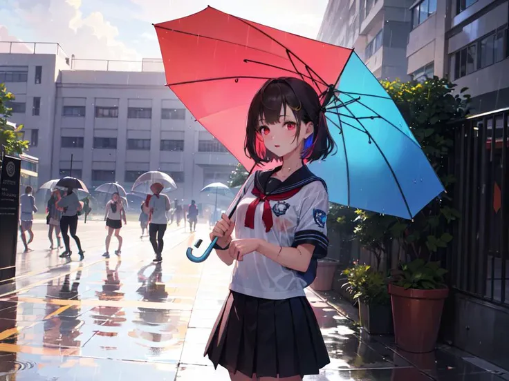 masterpiece, best quality, high resolution, extremely detailed, detailed background, natural light, realistic shadow, 1girl, cute girl, brown hair,red eyes, student uniform, dynamic pose, She stood with an umbrella in front of the school gate, rainbow umbrella,  
 wet, school background, raining heavily, raincloud, <lora:school_outdoors_v0.2:1> , (colorful, vivid color:1.4)