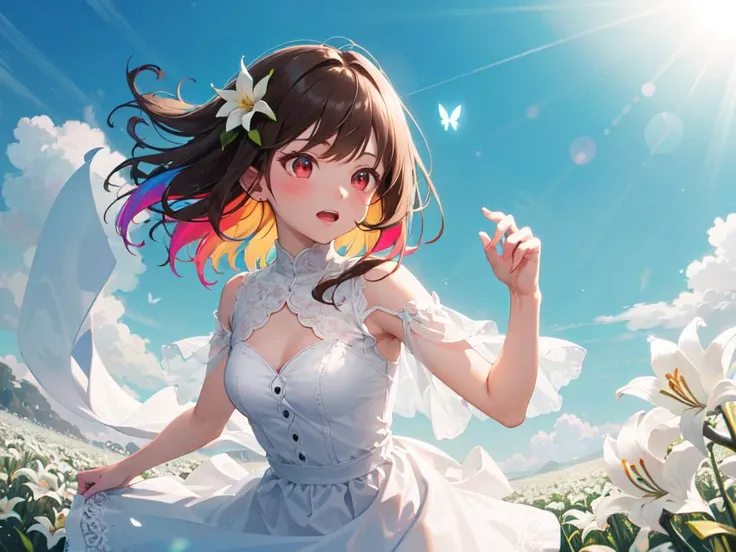 masterpiece, best quality, high resolution, natural lighting, naturally shading, extremely detailed, detailed background, sun, god rays, blue sky, flower field, meadow, white lily field, butterfly, 1girl, cute girl, brown hair, red eyes, white lace dress, dynamic pose, (colorful, vivid color:1.4)