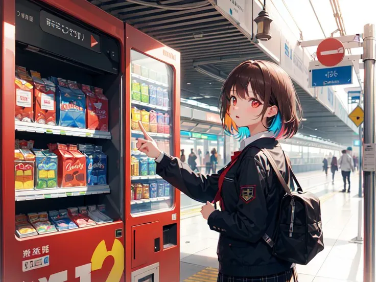 masterpiece, best quality, high resolution, extremely detailed, detailed background, natural light, realistic shadow, 1girl, cute girl, brown hair,red eyes, student uniform, dynamic pose, front of train station, (she point to the vending machine), (colorful, vivid color:1.4)