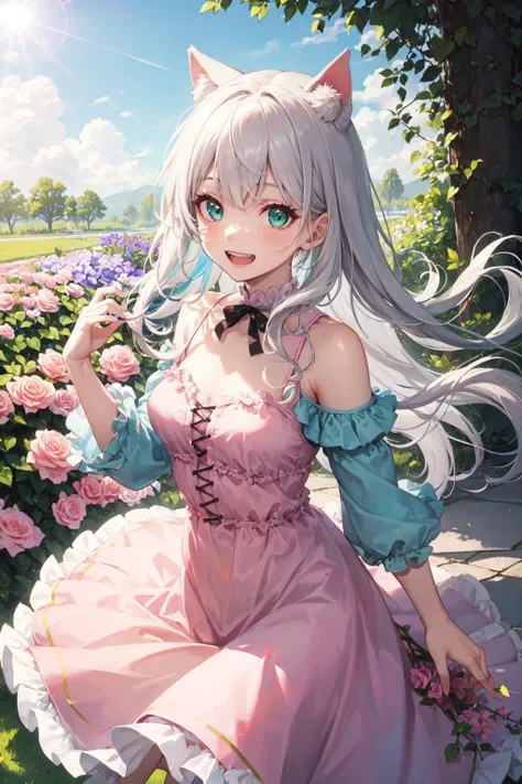masterpiece, best quality, highres, 8k portrait, sharp focus, highly detailed, beautiful face, beautiful eyes, detailed skin, detailed background, professional lighting, pastel colors,
1girl, (half body:1.2), dynamic angle, dutch angle, (multicolored hair:1.2), (pastel green and silver hair:1.2), wavy hair, long hair, summer dress, (pastel pink dress:1.3),
Running through the flower garden, blue sky, lens flare, grin, naughty, open mouth, (face focus:1.1),