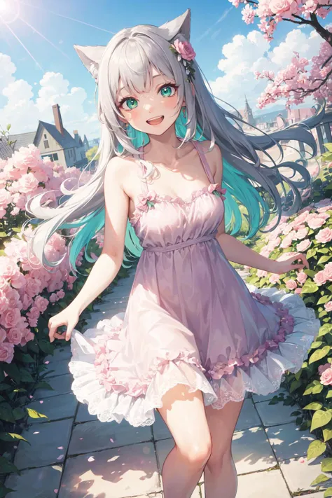 masterpiece, best quality, highres, 8k portrait, sharp focus, highly detailed, beautiful face, beautiful eyes, detailed skin, detailed background, professional lighting, pastel colors,
1girl, (half body:1.2), dynamic angle, dutch angle, (multicolored hair:1.2), (pastel green and silver hair:1.2), wavy hair, long hair, summer dress, (pastel pink dress:1.3),
blue sky, Running through the flower garden, lens flare, grin, naughty, open mouth, face focus,