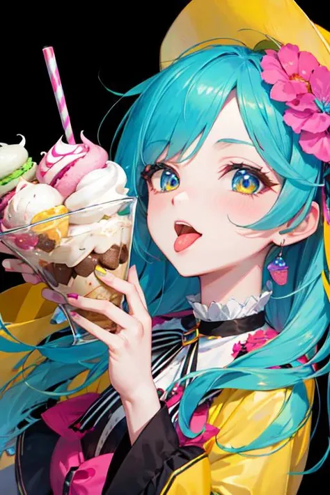 (masterpiece), best quality, high resolution, extremely detailed, detailed background, perfect lighting, (colorful, vivid color:1.4), 1girl, ice cream, parfait, cream, macaron, tongue out, multicolor hair