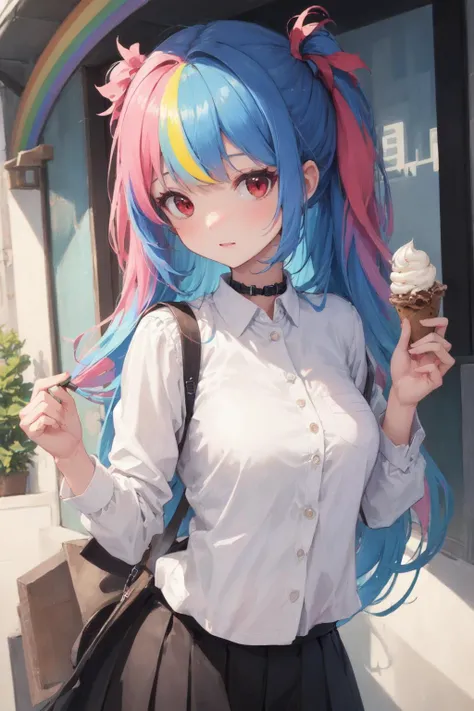 (masterpiece:1.2),best quality,extremely detailed,
BREAK
1girl,solo,shiny skin,medium breasts,very long hair,
detailed eyes,perfect anatomy,
cute eyes,(red eyes:1.3),(rainbow hair:1.4),
BREAK
white shirt,black skirt,
BREAK
ice cream,rainbow,candy,city,
BREAK
character focus,looking at viewer,pastel colors,
BREAK