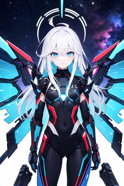 (masterpiece), best quality, high resolution, extremely detailed, detailed background, perfect lighting, (colorful, vivid color:1.4), 1girl, nebula, glowing, energy sword, illumination, white hair, very long hair ahoge, blue eyes, ite, lol pale skin, inner blue hair, (mechanical wings:1.2), straight hair
