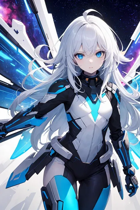 (masterpiece), best quality, high resolution, extremely detailed, detailed background, perfect lighting, (colorful, vivid color:1.4), 1girl, nebula, glowing, energy sword, illumination, white hair, very long hair ahoge, blue eyes, petite, loli, pale skin, inner blue hair, (mechanical wings:1.2), straight hair, gauntlets