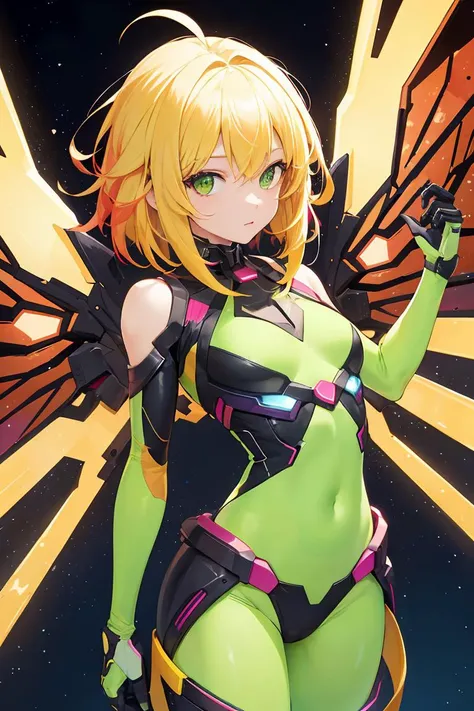 (masterpiece), best quality, high resolution, extremely detailed, detailed background, perfect lighting, (colorful, vivid color:1.4), 1girl, nebula, glowing, illumination, yellow hair, (medium hair:1.5), ahoge, green eyes, small breasts, red inner hair, (mechanical wings:1.2), energy, medium breasts