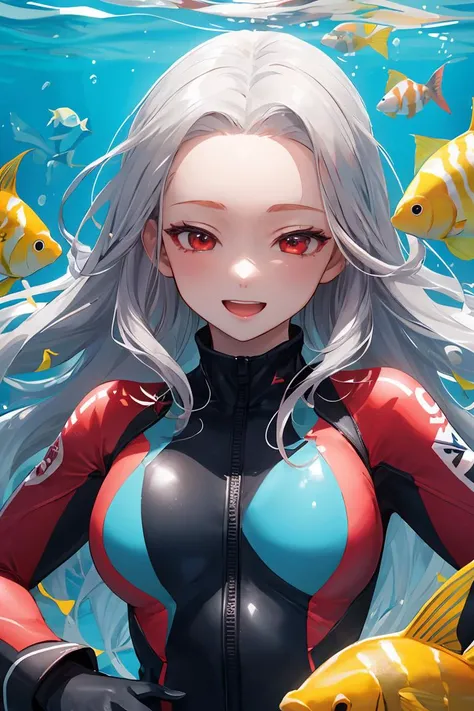 colorful fish swimming in the sea, colorful coral reefs, iridescent light, lots of tropical fish, pastel colors illustration, masterpiece, best quality, ultra-detailed, highres, extremely detailed cg unity 8k wallpaper, perfect lighting, 1girl, detailed face, vivid colored, silver hair, long hair, (forehead:1.5), wavy hair, red eyes, shiny skin, sharp focus, under water, red diving suit, swimming, diving regulator, medium breasts, adult, excited, happy, upper body, half-closed eyes, gloves