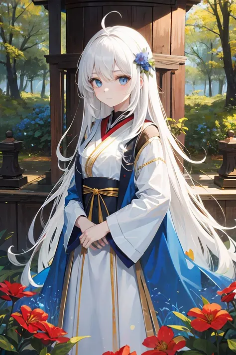 (masterpiece), best quality, high resolution, extremely detailed, detailed background, perfect lighting, (colorful, vivid color:1.4), 1girl, forest, day, sunny, white hair, very long hair, ahoge, straight hair, blue eyes, long robe, petite, loly, emotionless, shrine, intricate, mid shot, golden ornaments, blue trim, light particles, pale skin, arms crossed, ray tracing, blue flowers, red flowers, looking at viewer