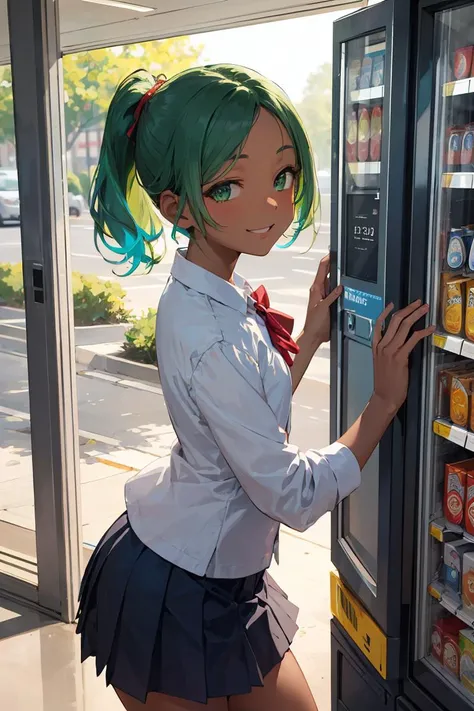 masterpiece, best quality, high resolution, extremely detailed, detailed background, natural light, realistic shadow, 1girl, (dark skin:1.1), green hair, (forehead:1.1), short ponytail, short hair, messy hair, green eyes, student uniform, dynamic pose, front of school, (she point to the vending machine), (colorful, vivid color:1.4), small breasts, unkept hair, petite, slender body, smile, smirk, half-closed eyes