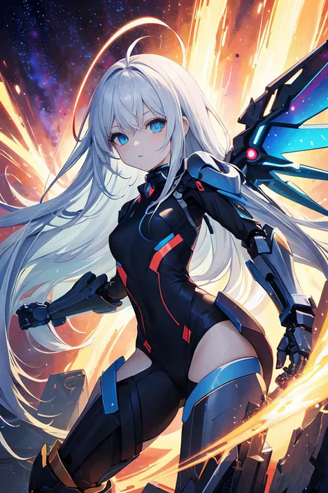 (masterpiece), best quality, high resolution, extremely detailed, detailed background, perfect lighting, (colorful, vivid color:1.4), 1girl, nebula, glowing, energy sword, illumination, white hair, very long hair ahoge, blue eyes, ite, lol pale skin, inner blue hair, (mechanical wings:1.2), straight hair, gauntlets