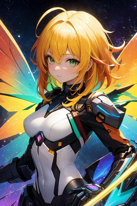 (masterpiece), best quality, high resolution, extremely detailed, detailed background, perfect lighting, (colorful, vivid color:1.4), 1girl, nebula, glowing, illumination, yellow hair, medium hair, ahoge, green eyes, small breasts, inner red hair, (mechanical wings:1.2)