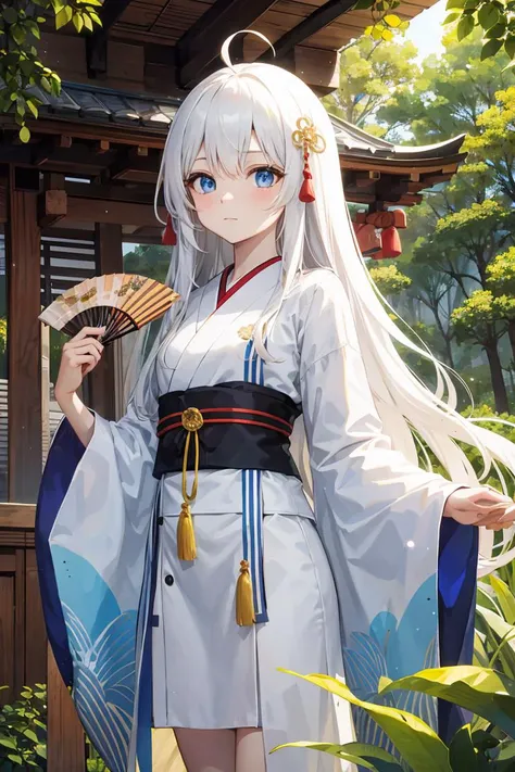 (masterpiece), best quality, high resolution, extremely detailed, detailed background, perfect lighting, (colorful, vivid color:1.4), 1girl, forest, day, sunny, white hair, very long hair, ahoge, straight hair, blue eyes, long robe, petite, loly, emotionless, shrine, intricate, mid shot, golden ornaments, blue trim, light particles, pale skin, Japanese fan