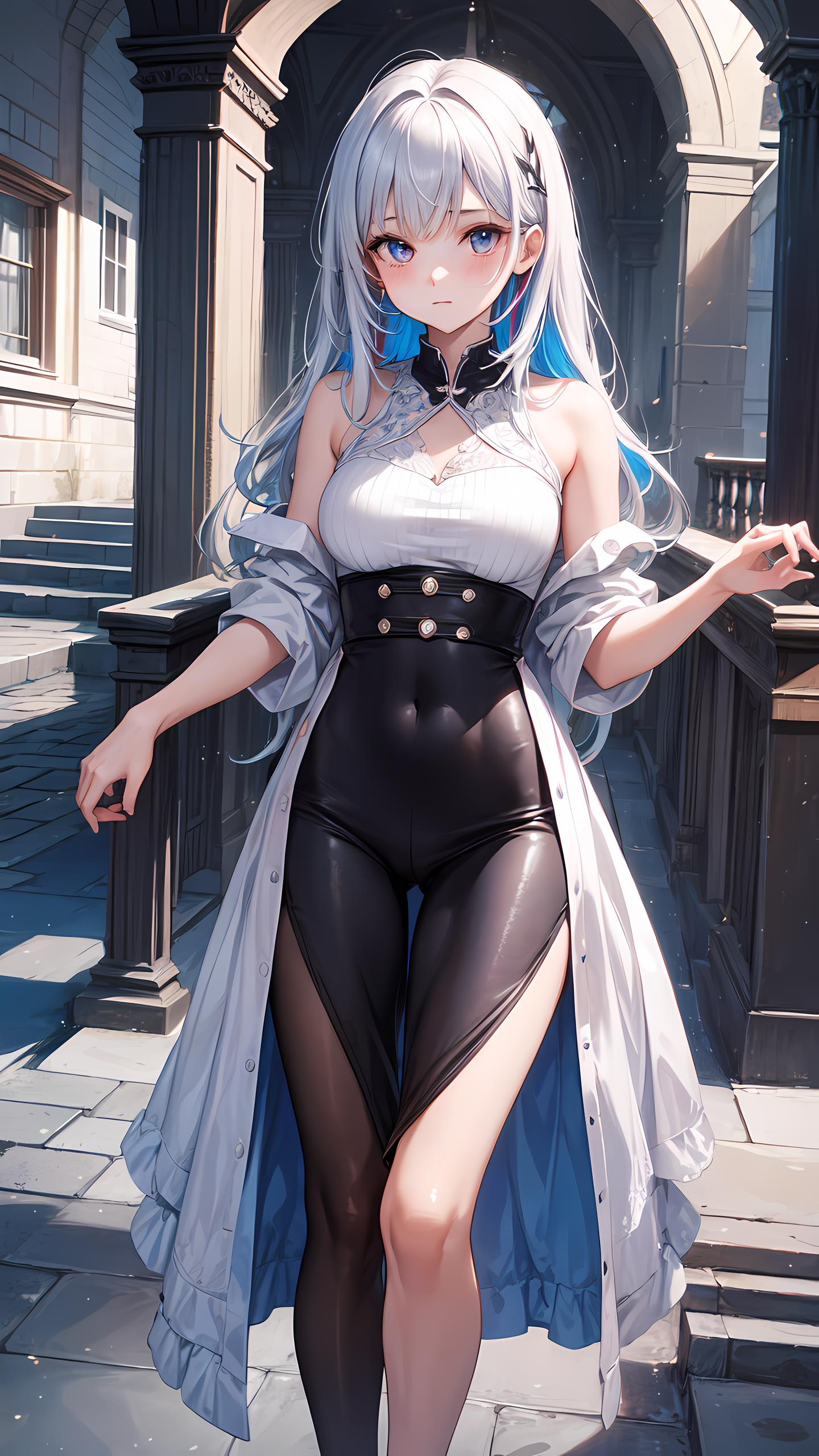 Anime girl in black and white outfit posing on a sidewalk - SeaArt AI