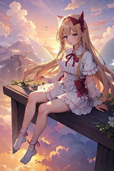 masterpiece, (Best quality:1.2), highres, (scenary:1.2), light, fairy_wings, lily_white, Detailed eyes, sitting, High place, sky /(clouds/), Sunset, (sitting in cloud, Nearby cloud, floating), Long hair, Swinging hair, laces, ribbon, ruffles, Shaking legs, (full body, close-up), details, cute, Backlight, dress,