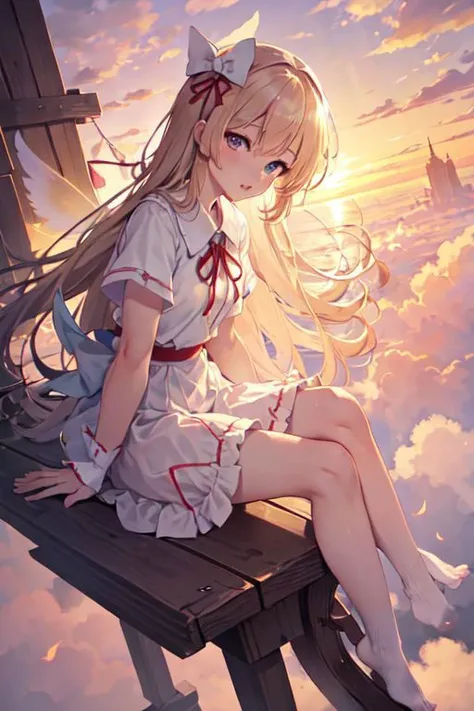 masterpiece, (Best quality:1.2), highres, (scenary:1.2), light, fairy_wings, lily_white, Detailed eyes, sitting, High place, sky /(clouds/), Sunset, (sitting in cloud, Nearby cloud, floating), Long hair, Swinging hair, laces, ribbon, ruffles, Shaking legs, (full body, close-up), details, cute, Backlight, dress,