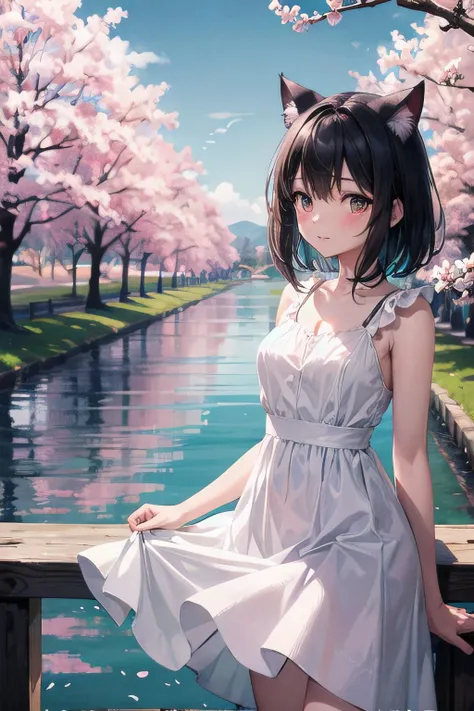 <lyco:EnvyBetterHands:1.0>, <lora:add_detail:0.3>, (masterpiece), best quality, detailed background, natural lighting, nature, lake, cherry blossom, 1girl, blush, cat ears, medium breasts, medium hair, black hair, white dress