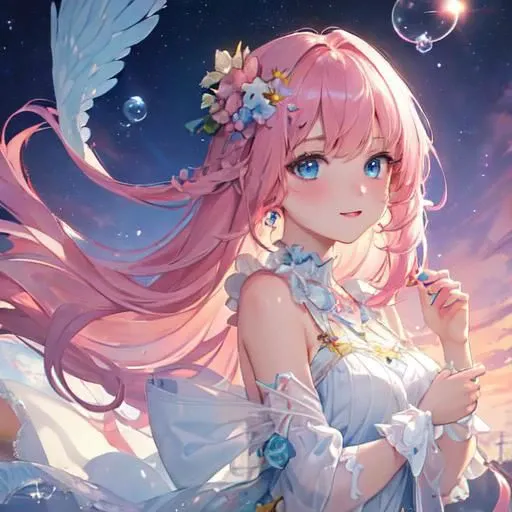 ((masterpiece)), ((best quality)), (ultra-detailed), ((kawaii)), cute, (lovely), watercolor, extremely detailed game CG, beautiful sky, a pretty woman, solo, angel, beautiful pink hair, beautiful light blue eyes, ((beautiful eyes)), white-skinned, long hair, transparent hair, translucent hair, hair ornaments, light smile, rainbow, soap bubble effect, aurora