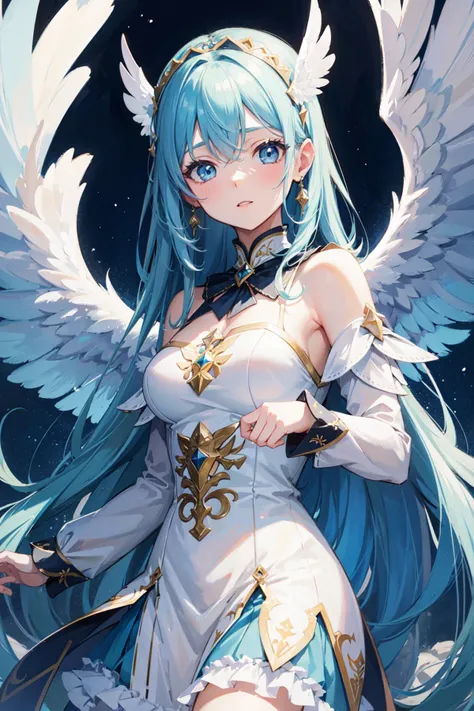 ((best quality, masterpiece, absurdres)) Wings of Wonder, Close-up, Pastel, (Blue:1.1), 1 Girl, Majestic Feathered Wings, Whimsical Background, Soft Lighting, Graceful Poses, Fantasy Attire